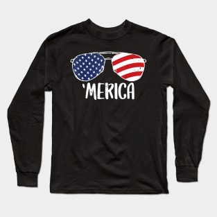 4th of July Merica Sunglasses Tee Gift Men Women kids USA Long Sleeve T-Shirt